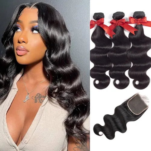 ALLRUN Paquetes de Ondas Corporales con Cierre Cabello Humano 12 14 16 Pulgadas+10 Cierre Tejidos Corporales 3 Paquetes y Cierre Parte Libre 100%