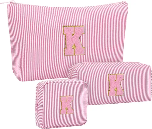 Miniatura 10 de Juego de bolsas de maquillaje con iniciales para niñas y mujeres, bolsa de cosméticos con monograma con soporte para cepillos, estuche de maquillaje