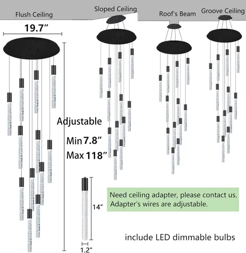 Miniatura 3 de HAIXIANG Candelabro de techo alto de 118 pulgadas, colgantes lineales de cristal, regulables remotos, techos inclinados compatibles, negro mate