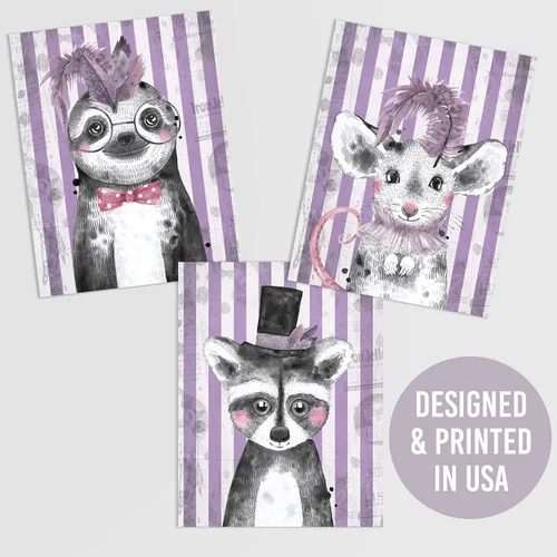 Miniatura 7 de Ritzy Rose Arte de animales de circo morado para niños, impresiones caprichosas para pared, 6 pósteres infantiles para habitación del bebé