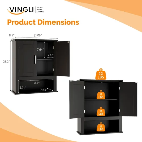Miniatura 3 de VINGLI Armario de pared de baño, botiquín negro con estante abierto y 2 puertas, organizador de almacenamiento ajustable para colgar sobre