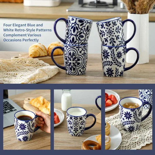 Miniatura 3 de HASENSE 15OZ Coffee Mugs, Ceramic Coffee Mugs Set of 4 with Handle, Coffee Cups Ceramic with Blue and White Floral Patterns, Porcelain Mug Set for
