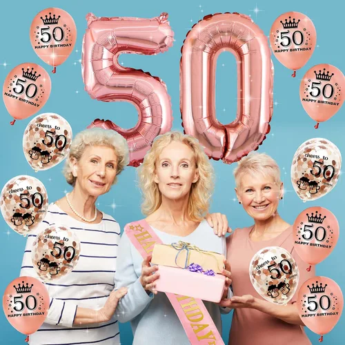 Miniatura 4 de Decoraciones de cumpleaños número 50 para mujer – (paquete de 76) pancarta de fiesta de oro rosa, banderín, remolino colgante, globos de cumpleaños