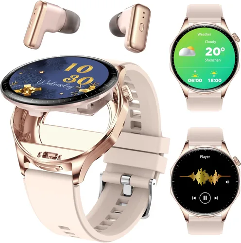 Reloj inteligente con auriculares, relojes inteligentes TWS 2 en 1, reloj inteligente con pantalla AMOLED colorida de 1.43 pulgadas para Android Rosa