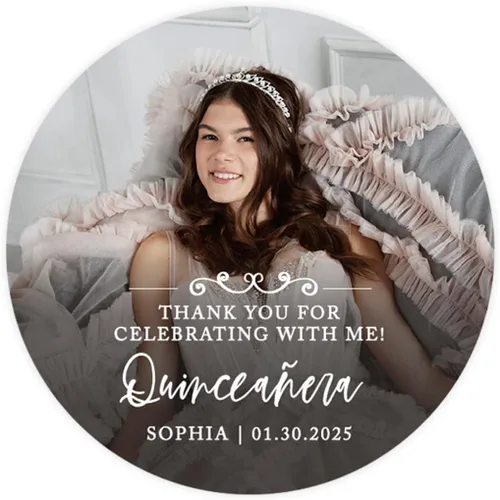 Andaz Press Paquete de 40 etiquetas de quinceañera redondas personalizadas de 2 pulgadas con foto personalizada para recuerdos de membrillo,