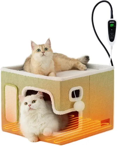 Miniatura 12 de ZOMISIA Casa térmica para gatos de interior – Cama grande de calentamiento para gatos para invierno con bola esponjosa colgante y almohadilla