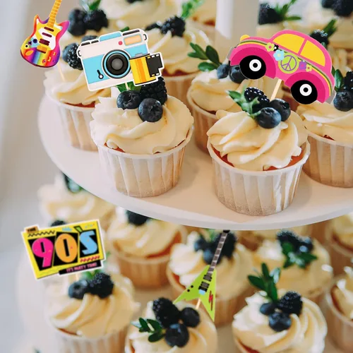 Miniatura 5 de Epakh 48 piezas de decoración para cupcakes de los años 90, decoración de fiesta temática de los años 90, hip hop, música, danza, retro, skate