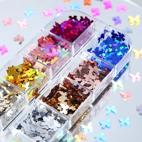Miniatura 6 de 12 rejillas holográficas de mariposa para arte de uñas, lentejuelas con purpurina láser 3D brillantes para diseño de uñas acrílicas, paillettes