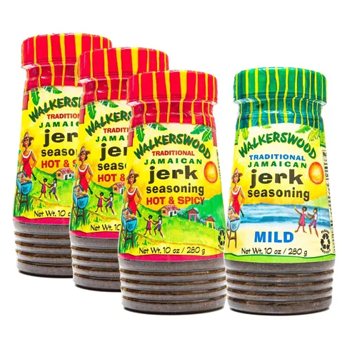 Walkerswood Condimento tradicional jamaicano Jerk, 3 condimentos picantes y picantes y 1 paquete combinado suave de Jerk Jamaicano, 10 onzas
