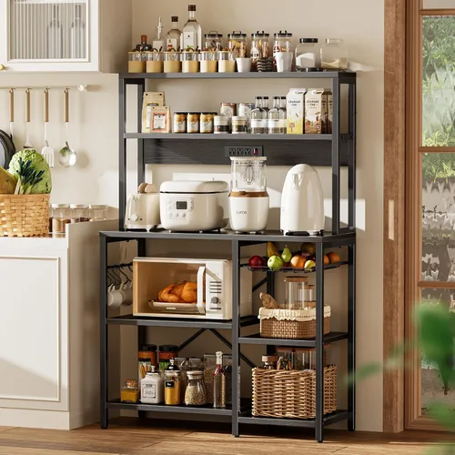 Miniatura 2 de SUPERJARE Estante de panadería con toma de corriente, barra de café de 35.4 pulgadas con canasta de alambre, soporte para microondas de cocina con 6