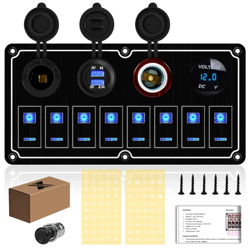 Panel de Interruptores de Palanca Impermeable de 8 Posiciones con Cargador USB Dual y Voltímetro - Protección contra Sobrecarga para RV, Marina,