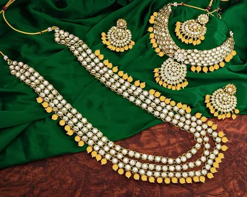 Miniatura 6 de Aheli Indian Wedding Kundan Beaded Bridal Long Choker Necklace Earrings with Maang Tikka Traditional Jewellery Set for Women