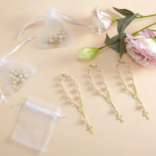 Miniatura 5 de Jadive Rosarios pequeños para bautizo, cuentas de rosario, rosarios para bautizo de dedo, a granel, con bolsas de organza, centros de mesa
