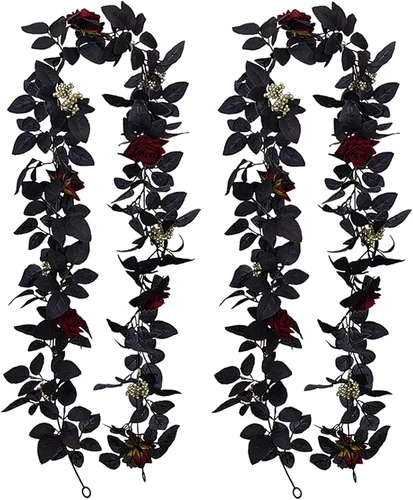 Miniatura 9 de Guirnalda artificial de seda negra de 5.9 pies para Halloween, flores artificiales de seda con hojas, flores decorativas artificiales para colgar