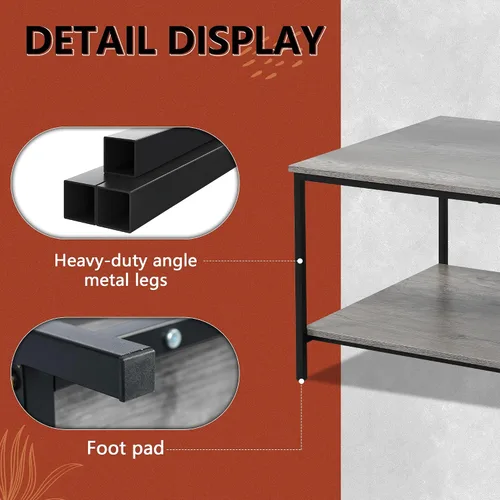 Miniatura 5 de SENIG Mesa de café de 2 niveles con estante de almacenamiento para espacios pequeños, mesa auxiliar rectangular de madera de roble gris y metal