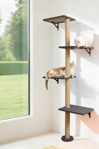 Miniatura 7 de Postes altos de rascado para gatos, árbol de gatos de 4 niveles, torre para gatitos montada en la pared, pared de escalada con alfombra para gatos