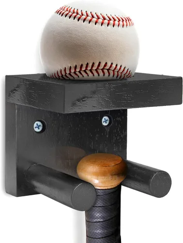 Miniatura 2 de TOBWOLF Soporte de pared para bate de béisbol 2 en 1, sostiene al bate y la pelota juntos, soporte vertical de pared combinado de madera maciza