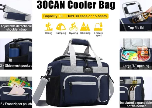 Miniatura 4 de MIER Lonchera térmica aislante a prueba de fugas para adultos, hombres y mujeres, bolsa enfriadora de 30 latas con tapa superior abatible, 18 Azul