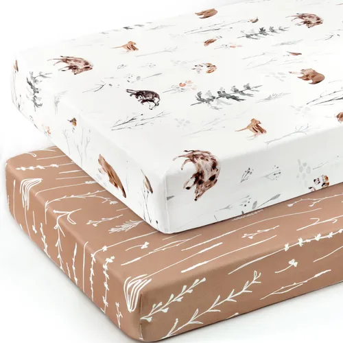Miniatura 2 de GRSSDER Juego de 2 sábanas ajustadas de punto de jersey elástico ultra suave, se adapta a todas las almohadillas de colchón estándar para cuna