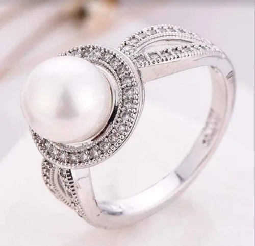 Xiaomei Anillo de plata de ley 925 con perlas y zafiro blanco para mujer, con perlas blancas, anillo de compromiso de boda, talla 6-10 (talla 8)