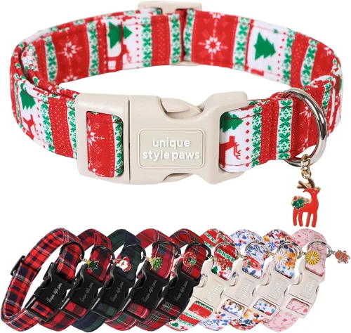 Miniatura 23 de Collar de perro de Navidad de Unique Style Paws con hebilla de plástico y colgante, a cuadros rojo y negro, collares de algodón para cachorros