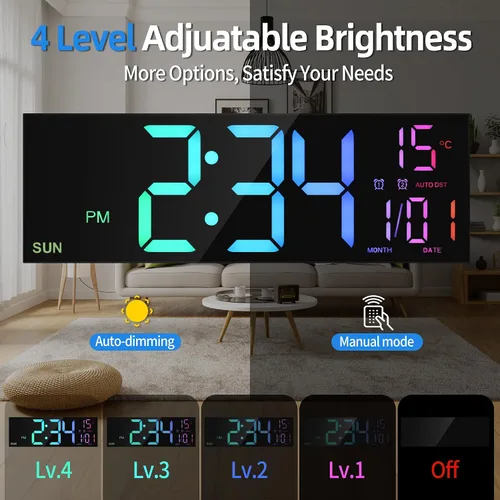 Miniatura 3 de LEIKE Reloj de pared digital grande de 16.2 pulgadas con control remoto, LED grande, alarma dual, 8 colores RGB, brillo automático, fecha, DST Negro