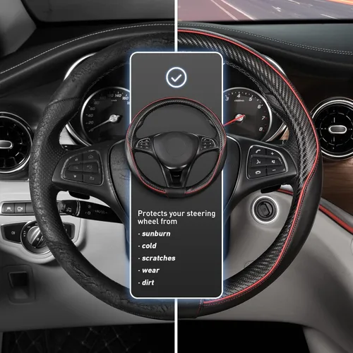 Miniatura 4 de SEG Direct - Funda universal para volante de coche, tamaño estándar de 14 1/2 a 15 pulgadas, cuero con patrón de fibra de carbono, negro y rojo