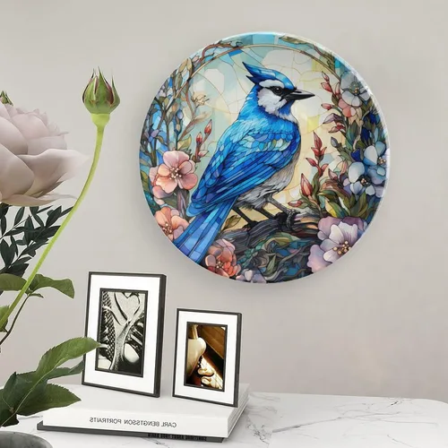 Miniatura 5 de Platos decorativos, pájaro azul y flores, pintura de vitrales, plato de cena de cerámica para el hogar con soporte de exhibición, decoración