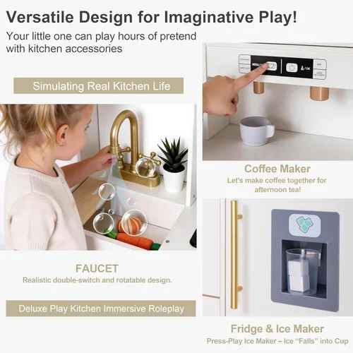 Miniatura 4 de inFUNSAME Cocina de madera para niños con luces, sonido, máquina de hielo y 19 accesorios, juego de cocina todo en uno con fregadero, horno