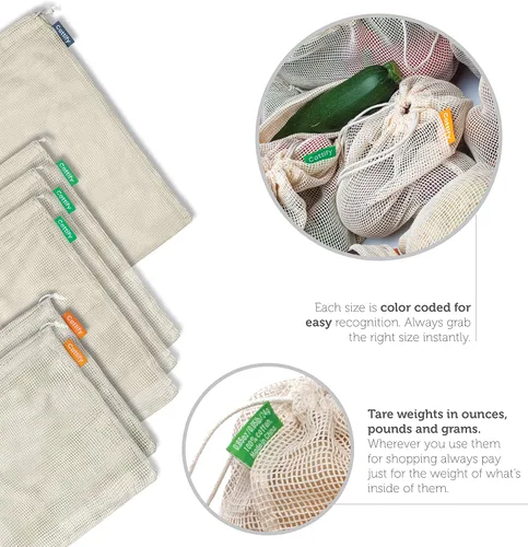 Miniatura 4 de 6 bolsas reutilizables para productos alimenticios lavables Bolsas de malla de algodón orgánico para productos Doble costura y peso de tara