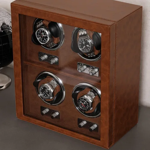 Miniatura 6 de ROTHWELL Bobinadora de 4 relojes para relojes automáticos con motor silencioso con múltiples velocidades y ajustes de rotación (bronceado/marrón)
