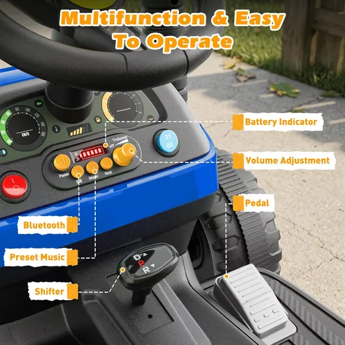Miniatura 6 de ARBELI Tractor de paseo de 12 V 7 AH con remolque inclinable y control remoto, motores de 2 x 45 W, Bluetooth, música, palanca de cambios, juguetes