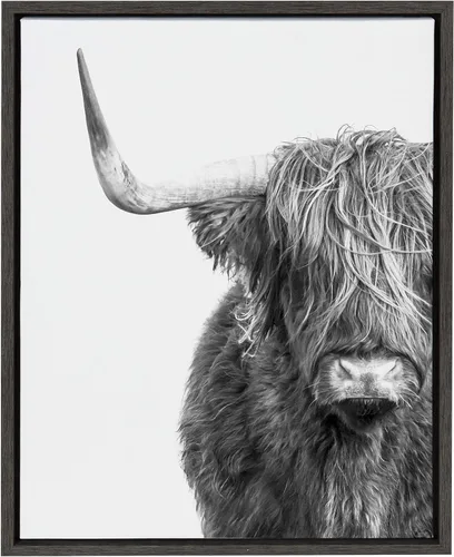 Kate and Laurel Sylvie Highland Cow - Lienzo enmarcado en blanco y negro por Amy Peterson, 18 x 24 pulgadas, adorable decoración de pared para sala