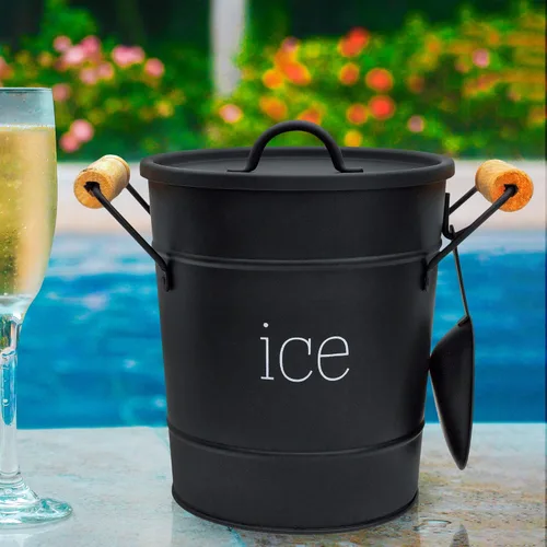 Miniatura 2 de AuldHome Design Cubo de hielo esmaltado de granja (negro); servidor de hielo de metal aislado estilo retro