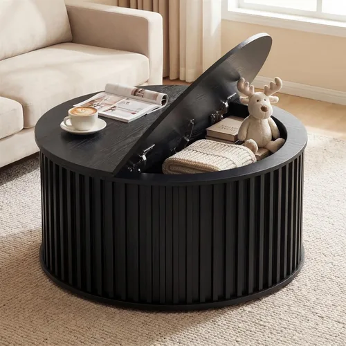 Mesa auxiliar redonda con almacenamiento, mesa central acanalada de 35.43 pulgadas para sala de estar, mesa moderna de mediados de siglo, color negro