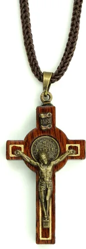 Catholica Shop Collar con medalla de San Benito de madera con crucifijo en cordón para hombres y mujeres – Colgante religioso hecho a mano,