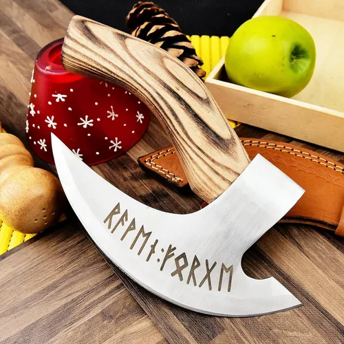 Miniatura 9 de SHINY CRAFTS® Hacha cortadora de pizza vikinga, hoja de acero al carbono con grabado y funda negra, auténtico regalo medieval para él, hacha Sca-027