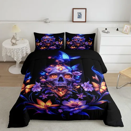 Miniatura 2 de Erosebridal Juego de ropa de cama de calavera gótica, flores mandala, mariposa hippie para niñas y niños, edredón de esqueleto de la muerte de Negro