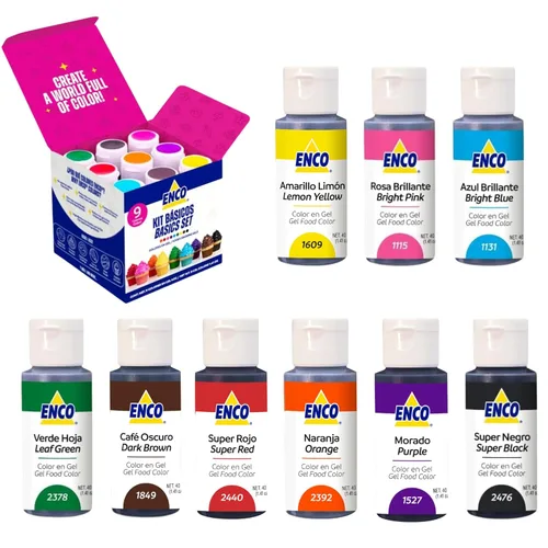 ENCO Juego de Gel Colorante de Alimentos Básico de 9 Colores 1.41 oz cada uno (40 g) Concentrado, Vegano, Incluye Guía de Mezcla de Colores