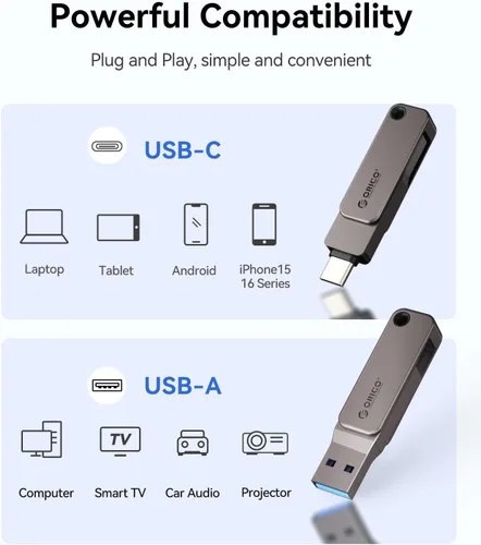Miniatura 4 de ORICO Memoria USB 3.0 de alta velocidad USB 3.0 de 32 GB, diseño giratorio de aleación de zinc, compatible con iPhone 15/16/17, Android, Mac, PC
