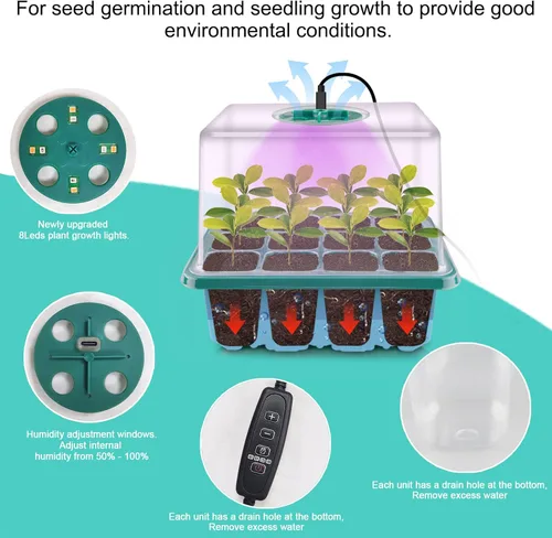 Miniatura 4 de Bandeja de inicio de semillas con luz de crecimiento, kit de inicio de germinación de plantas con cúpula de humedad y base para cultivo