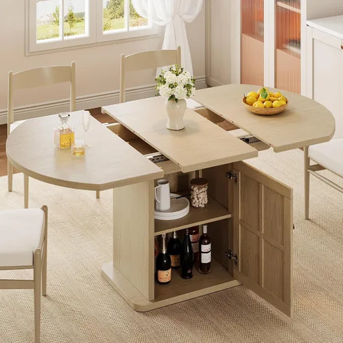 Miniatura 9 de iPormis Mesa de Comedor Redonda Extensible para 4-6, Mesa de Cocina Moderna de 59'', con Estante de Almacenamiento de 2 Niveles, Puerta de Madera