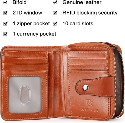 Miniatura 3 de BOSTANTEN - Billeteras de piel para mujer, con bloqueo RFID, con cremallera y bolsillo, billetera pequeña de dos cuerpos, con tarjetero