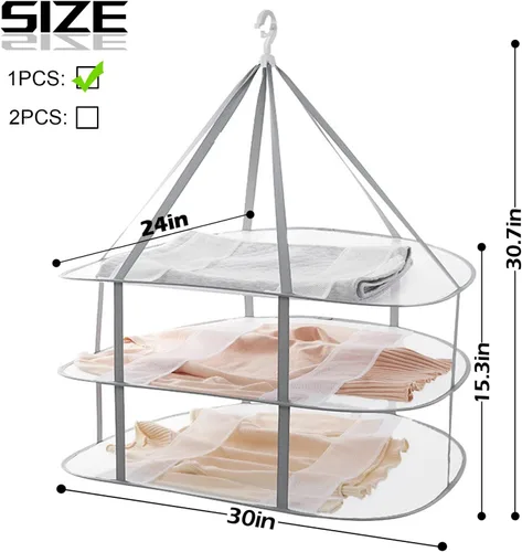 Miniatura 7 de Estante de secado de ropa plegable de malla de 3 niveles, estante de secado apilable para suéteres con fijación interna, estante portátil