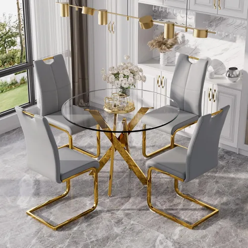 Miniatura 24 de Juego de mesa de comedor redonda moderna de vidrio de 36 pulgadas para 2, mesa de comedor de vidrio con patas cruzadas de metal, mesa de cocina