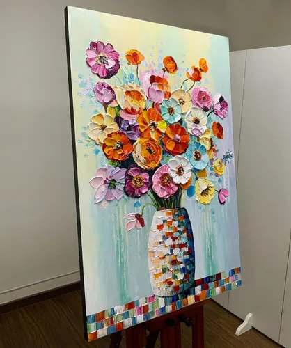 Miniatura 2 de V-inspire Arte, pintura al óleo moderna pintada a mano de 30 x 45 pulgadas, ramo completo de flores, lienzo acrílico abstracto, decoración de pared