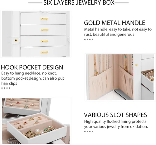 Miniatura 6 de AKOZLIN Organizador funcional de joyería de 6 niveles con 5 cajones, estuche de almacenamiento de joyas de cuero para mujeres y niñas, anillo