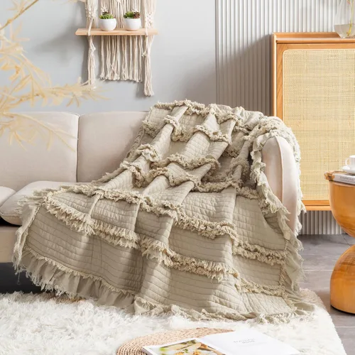 Miniatura 2 de Manta de tiro bohemia acolchada prelavada ultra suave, manta decorativa beige con flecos y volantes, manta rústica chic lavada a la piedra