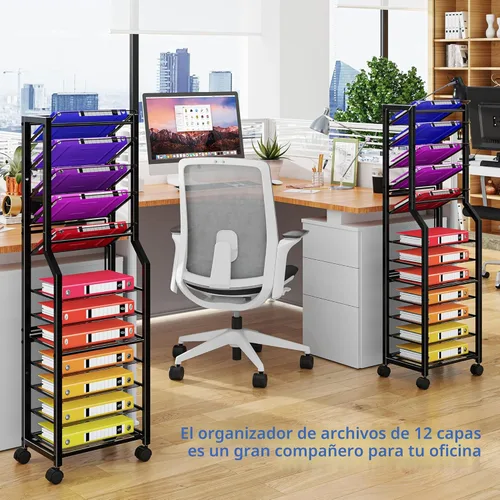 Miniatura 6 de Simple Trending - Carrito de archivo de 12 niveles con ruedas, organizador de escritorio con bandejas deslizantes y malla metálica