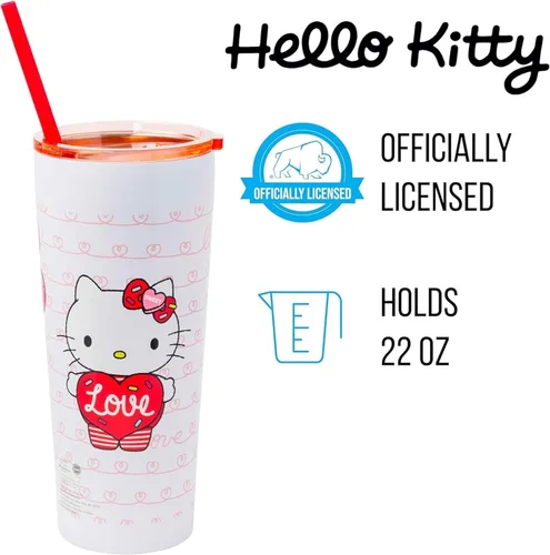 Miniatura 6 de Silver Buffalo Hello Kitty Globos de Corazón Vaso Térmico de Acero Inoxidable de Doble Pared con Pajilla, 22 Onzas Globos de corazón de Hello Kitty